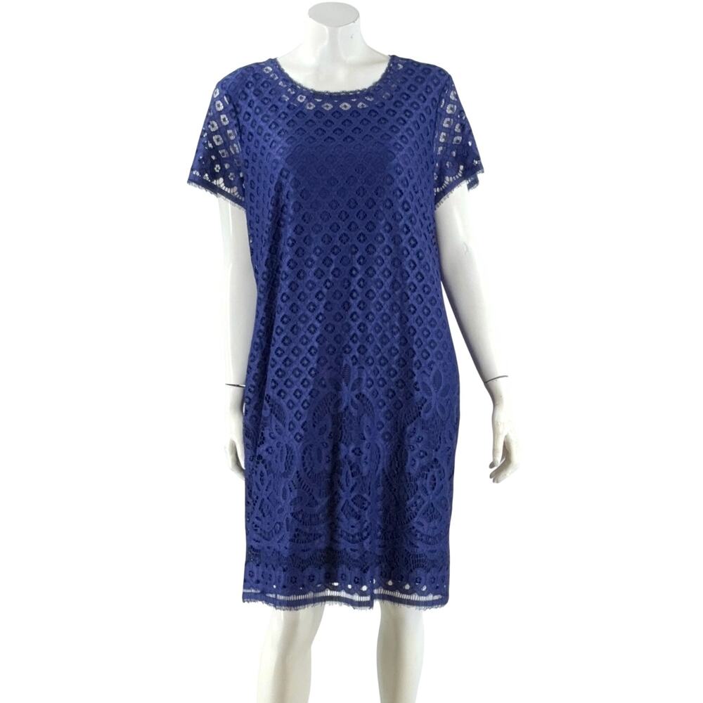 Isaac Mizrahi Live Womens Lace Overlay Dress Plus Size 1X Navy Blue Sheath